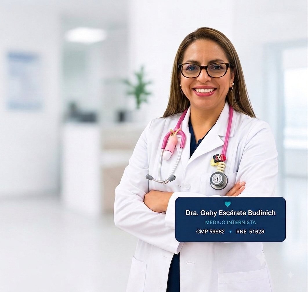 Dra. Gaby Escárate Budinich, Médico Internista, en su consultorio